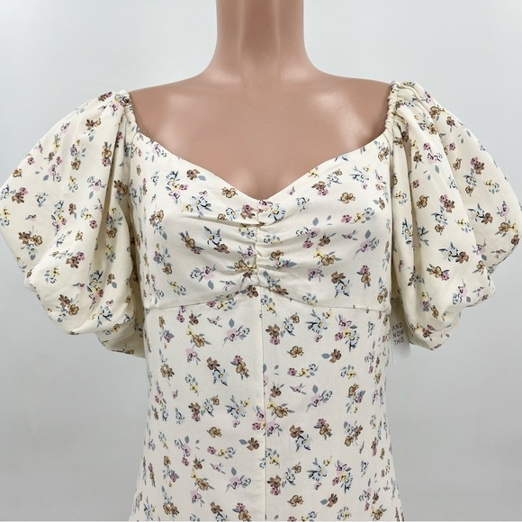 NWT AND NOW THIS Cream Floral Puff Sleeve Front Slit Midi Dress - Picture 5 of 13